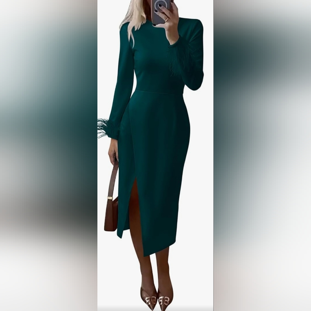 PRETTYGARDEN Long Sleeve Dress with feather cuffs NWT